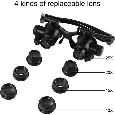 Grossissante avec Éclairage LED, Loupe de tête à LED, Lunette de Précision avec 4 Lentilles Amovibles, pour Lecture Bijoutier Couture Bricolage, Grossissements de 10X 15X 20X 25X (1/5)