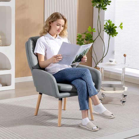 Poltrona moderna à dossier haut, double rembourrage en tissu similicuir gris pour chambre à coucher (1/5)