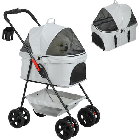 3-in-1-Haustierkinderwagen, zusammenklappbarer Hundewagen mit 4 Rädern und abnehmbarer Trage für Hunde und Katzen, Grau (1/5)