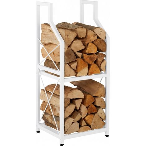 Étagère à bois, 2 niveaux, métal, H x L x P : 81,5 x 34,5 x 30,5 cm, rangements pour bois de chauffage, blanc (1/5)
