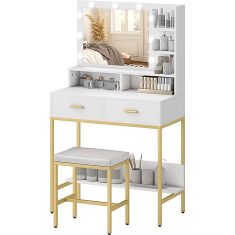 Coiffeuse avec éclairage et tabouret, table de maquillage avec 2 tiroirs et étagères de rangement, blanche (1/5)