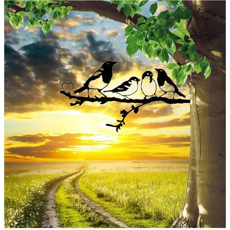 Lot de 2 oiseaux muraux en métal sur une branche,Décoration murale oiseaux en métal,Décoration murale en forme de feuilles avec silhouette d'oiseaux,Décoration jardin ou balcon (1/4)