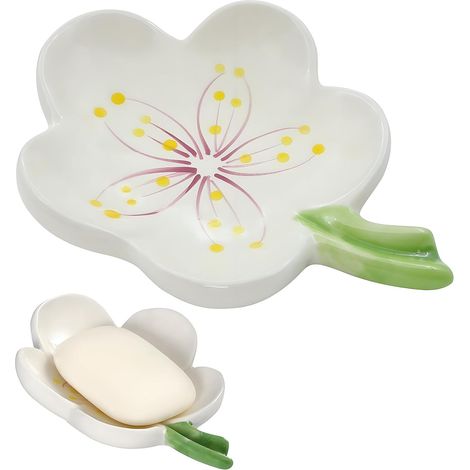 Porte Savon Ceramique Porte Savon Salle de Bain Support Eponge Evier Cuisine, pour Toutes Les Tailles Communes de Solide (Blanc) (1/5)