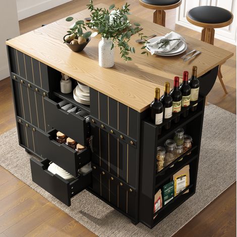 Isla de cocina 110x42x90 cm negra en MDF con tablero abatible, puertas correderas, cajones y ruedas (1/5)
