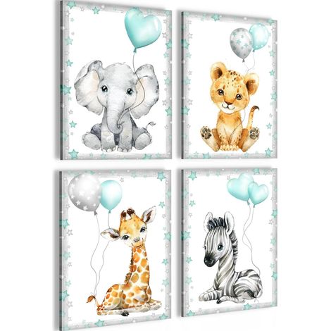 Tableau Animal - 30 x 40 cm - Toile Non Tissée 110 g/m² sur Panneau MDF 7 mm - Prêt à Accrocher sans Cadre - Lot de 4 pour Chambre d'Enfant (1/5)
