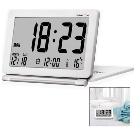 Petit réveil de voyage, réveil numérique silencieux avec grand écran LCD, date et thermomètre. (1/5)