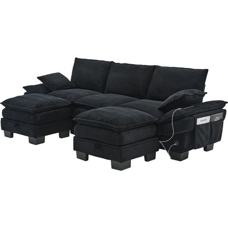 Canapé 3 places modulable en tissu côtelé noir avec 2 poufs, assise large, ergonomique, USB-C et poches latérales pour salon, bureau ou lounge CHICFURN (1/5)