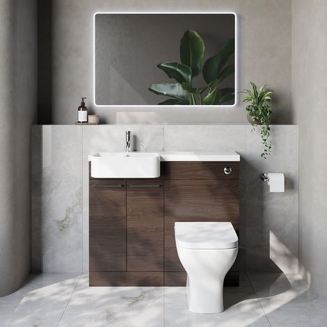 Napoli 250 Brown Oak 1000mm 2 Door Vanity Unit Toilet Suite with Left Hand Round Rico Semi Recessed Basin - 1000mm - Chrome 160mm HandleWith Kingston Toilet Pan and Seat