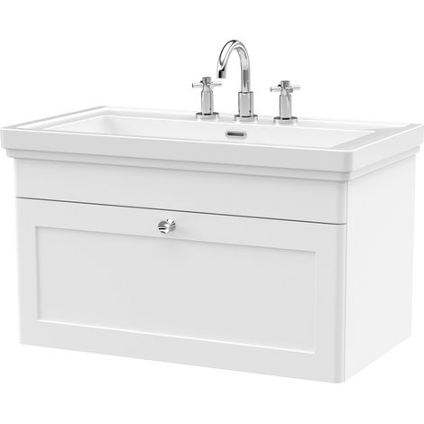 Swynnerton Traditional 1 Drawer Wall Hung Vanity Unit with Basin, Satin White, 800mm