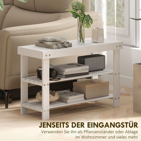 Banc à chaussures en bambou avec 2 étagères, banquette de rangement pour entrée, 70x28x45 cm, blanc. (1/5)