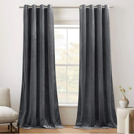 Velvet Curtain – Set of 2 Grey Thermal Insulated Anti-Cold Curtain for Bedroom Living Room Decoration Panels Heavy 300 g/㎡ Soft Modern Design, L 132 x H 260 cm, Dark Grey (1/5)