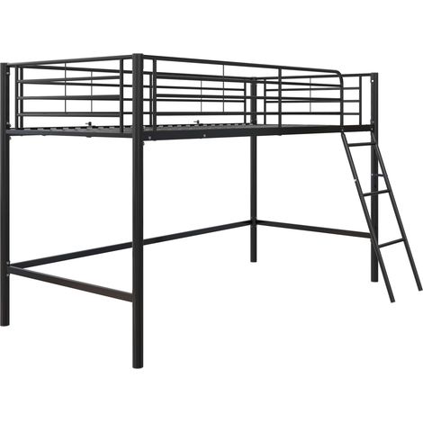 Lit mezzanine 90x200 cm en métal noir – Échelle et sommier à lattes en métal – Protection contre les chutes incluse