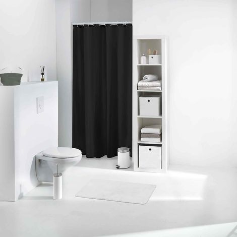 Duschvorhang-Set mit 12 Kunststoffhaken, einfarbiger schwarzer Duschvorhang aus Stoff für Badezimmer – wasserabweisend, maschinenwaschbar, (180 x 200 cm), Schwarz (1/5)