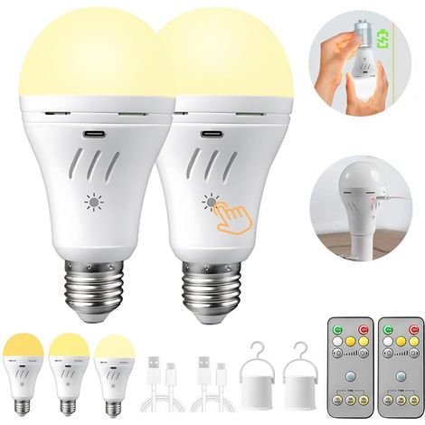 Ampoule rechargeable avec télécommande, trois températures de couleur, culot E27, dimmable, 2200mAh, ampoule de secours avec crochet (2 pièces) (1/5)