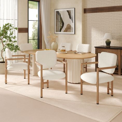 Set of 6 Metal Dining Chairs for Home,Restaurant,Living Room and Cafe-Stylish Boucle Design in Natural Wood Color (1/5)