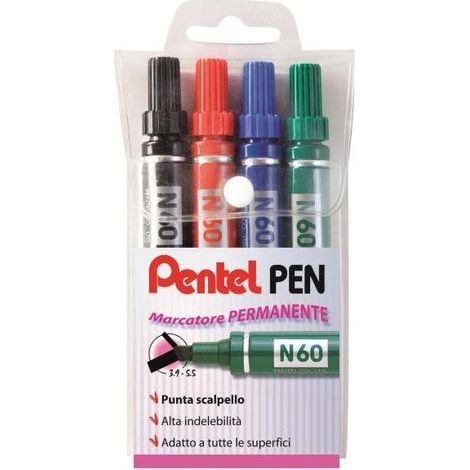 Pentel N60 marqueur 4 pièce(s) Pointe biseautée Noir, Bleu, Vert, Rouge