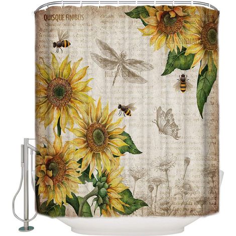Duschvorhang im Landhausstil, Sonnenblumen-Herbstblumenmuster, Badezimmer-Duschvorhang-Set aus Stoff mit ländlicher Scheunenholzmaserung