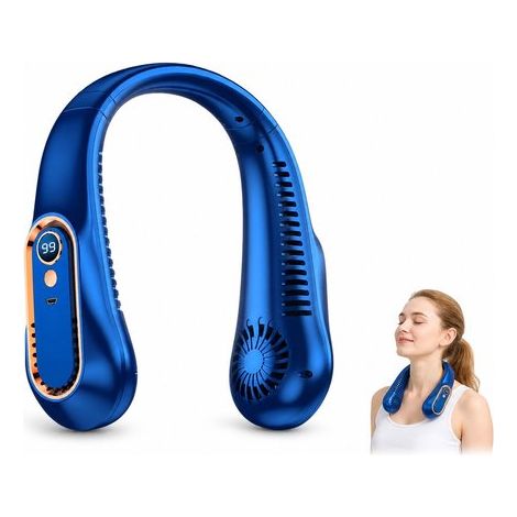 Ventilateur de cou sans fil 360° avec écran, 1200 mAh, sans pales et silencieux, 5 vitesses, rechargeable, pour sport et bureau, bleu (1/5)