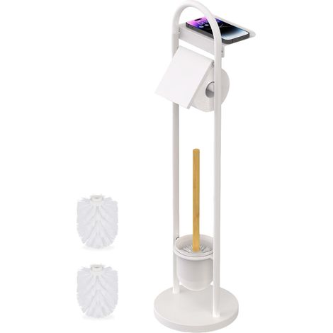 Serviteur WC, Non Fixe, Porte-Brosse (Brosse WC Incluse), H x L x P : 79 x 21,5 x 21,5 cm, Blanc et Nature (1/5)