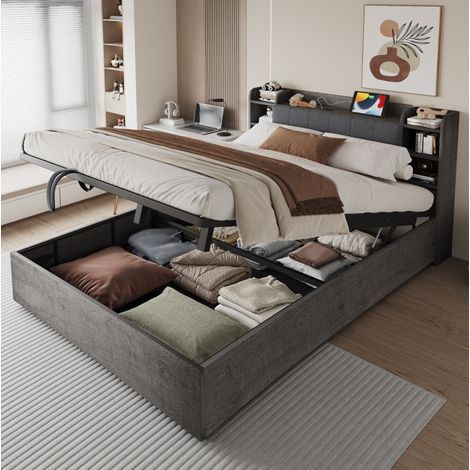 lit adulte 180 x 200 cm en bois gris avec rangement hydraulique et USB, tête de lit confort (1/5)