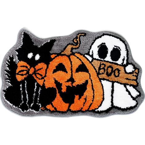 Tapis de sol Halloween forme personnalisée à motifs fantôme, citrouille et chat noir, moquette touffetée douce antidérapante lavable, tapis décor polyvalent pour salle de bain, cuisine, chambre, véran (1/5)