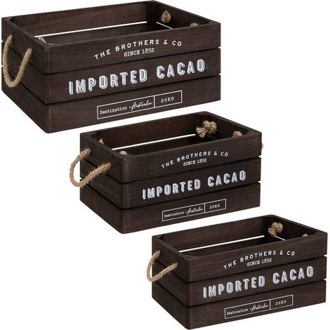 Atmosphera – Lot de 3 caisses de rangement en bois de paulownia marron tonka – Dimensions S/M/L : 23x17x11cm, 29x21x13cm, 35x25x15cm – Poignées en chanvre