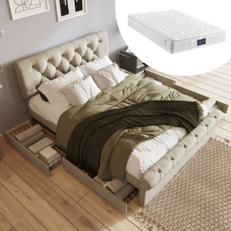 MINKUROW Struttura Letto con 4 cassetti, Letto Matrimoniale Imbottito 140x200cm, Testiera Regolabile in Altezza, Letto Funzionale Chesterfield, Naturale (Con Materasso) (1/5)
