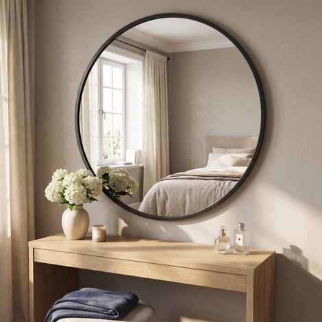 Miroir mural rond 75 cm, Haute définition et anti-éclatement, Cadre en métal, Style moderne, Noir (1/5)