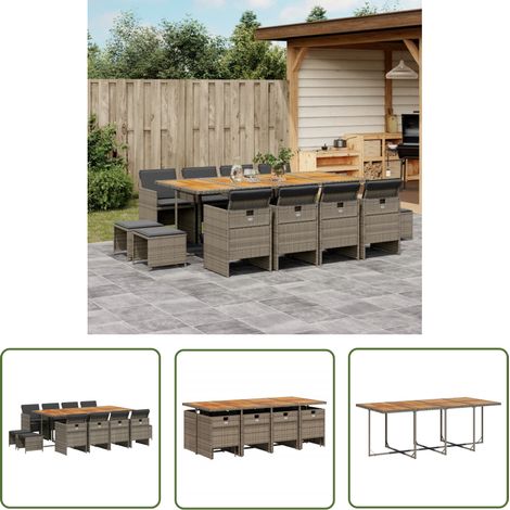 The Living Store 13-tlg. Garten-Essgruppe mit Kissen Grau Poly Rattan - Gartentisch - Gartenmöbel Set - Gartenset - PE-Rattan Möbel - Outdoor Küche (1/5)
