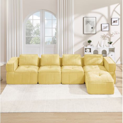 Sofá rinconero modular de 4 plazas con otomana, 344 x 162 x 67 cm, poliéster amarillo HAVRYA (1/5)
