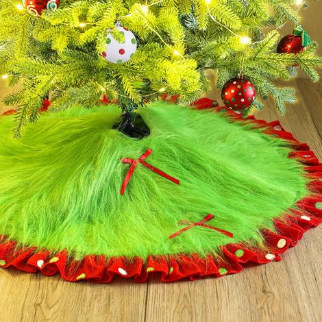 Tapis de sapin de Noël rouge et vert, tapis de sapin de Noël moelleux et vert citron, décorations de Noël ludiques, tapis à pois pailletés, faux tapis rond (1/5)