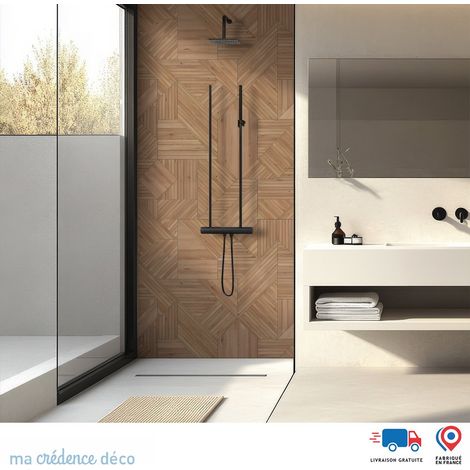 Panneau de douche : Bois et diagonales - Couleur Sépia - Alu composite - 90 - 245 (1/4)