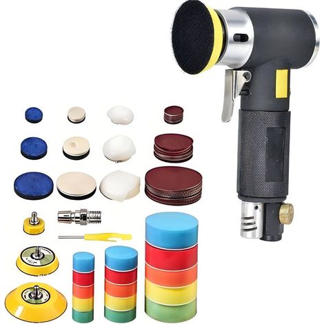 Mini-Druckluft-Exzenterschleifer für die Autopolitur, 25/50/80 mm, Exzenter-Druckluftschleifer, 33 Polierpads, Schwarz (1/5)