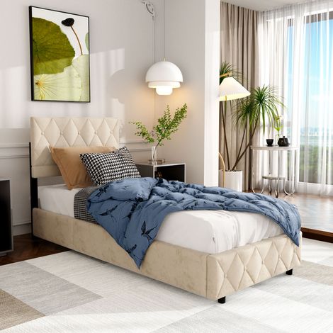 Cama tapizada 90x190 cm con somier de lamas, estructura de MDF, contrachapado y hierro, espuma elástica, beige DESVIAE (1/5)