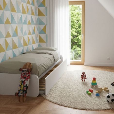 Letto singolo con letto estraibile, trasformabile in matrimoniale. Testate personalizzabili, reti in acciaio e doghe in faggio - Bianco