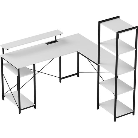 Eckschreibtisch mit Steckdose und USB-Anschluss, Ablage und Monitorständer, weiß und schwarz
