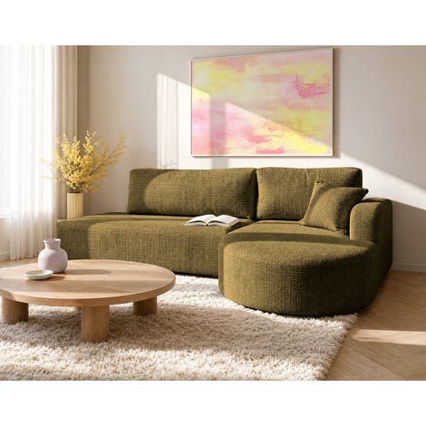 Miro - canapé d'angle droit 4 places convertible avec coffre en velours texturé - vert olive (1/5)