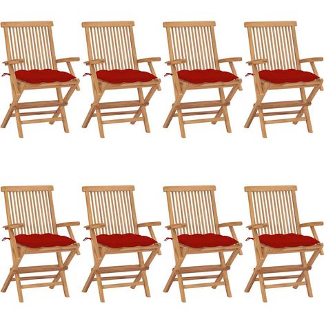 vidaXL Chaises pliantes avec coussins rouges, 8 pièces, en bois de teck massif (1/5)