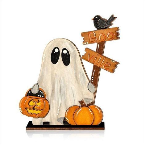 Décoration d'Halloween en bois - WINLLINEE - 2 pièces - Fantôme avec seau de citrouilles - Panneau Boo-ville - Autonome (1/5)