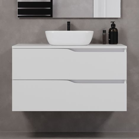 Meuble de salle de bain 100cm avec plateau et vasque à poser zeus - 2 tiroirs - sans miroir - blanc - LUNA (1/5)