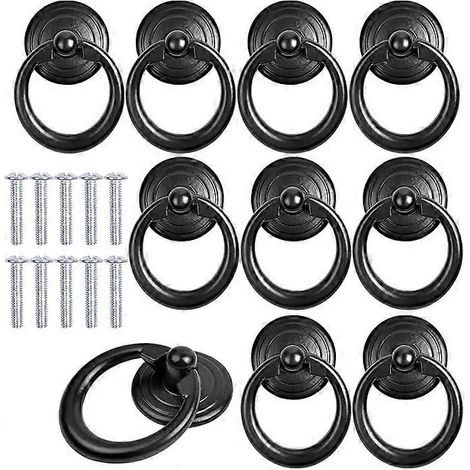 10 poignées de meuble noires en métal, bouton de porte, anneau de tiroir, poignée ronde classique. (1/5)