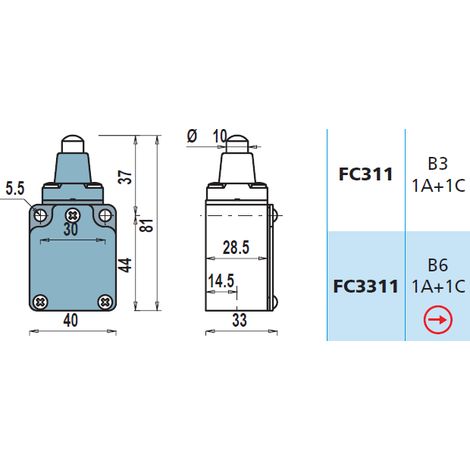 FC3311 1NA + 1NC Interruttore di Posizione a pistoncino INOX Finecorsa