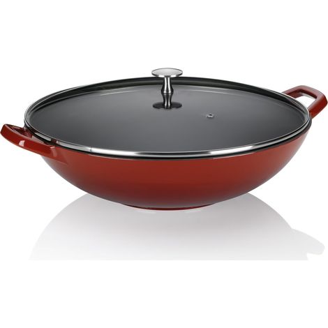 Wok en fonte avec couvercle en verre 36 cm, Wok à induction, poêle à wok avec couvercle, émaillé, rouge (1/5)