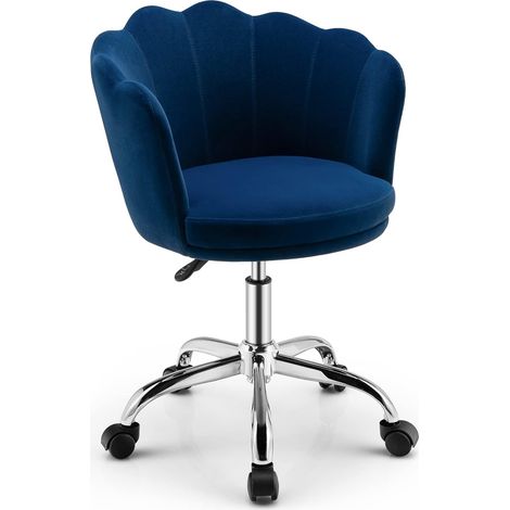 COSTWAY Fauteuil en Velours Réglable/Chaise de Coiffeuse de Loisir en Forme de Pétales à Dossier Moyen avec roulettes, pour Salon, Chambre et Salle de Réception, Bleu (1/5)