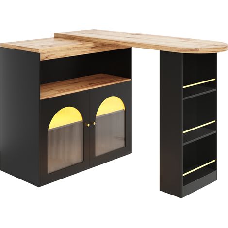 Table de bar extensible noire avec rangement, LED intégrée et rotation 360° (1/5)