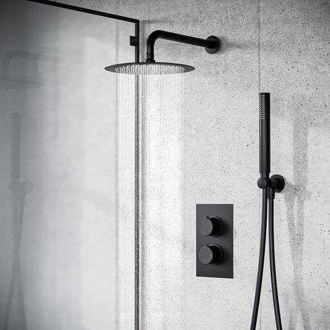 Temel Black Matt Round Concealed Thermostatic Mixer Valve Hand Held Shower Set (1/5)
