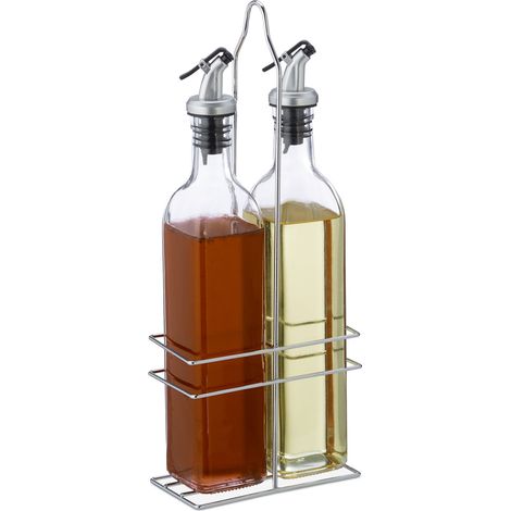 Relaxdays Set huile et vinaigre, 2 bouteilles de 500 ml avec support en fer, HLP : env. 34 x 13,5 x 7,5 cm, transparent (1/5)
