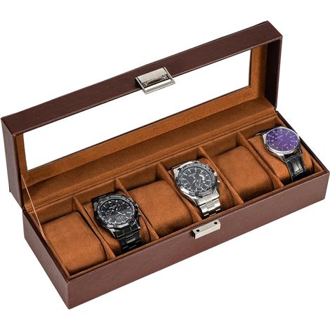 Boîte à montres marron pour six montres, boîte de rangement simple en cuir avec couvercle transparent et serrure, boîte de rangement pour montres de luxe pour la maison et les voyages (1/5)