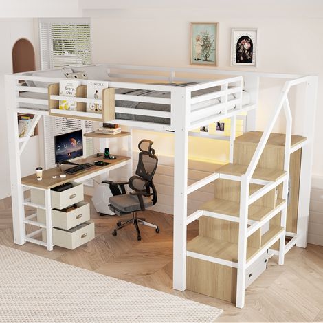 Cama alta 140x200 cm blanca con escritorio, 3 cajones y armario, escalera de almacenaje, estructura metálica, sin colchón (1/5)