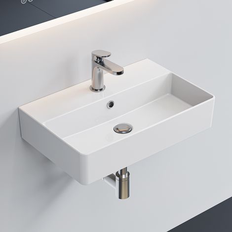HOROW Waschbecken Wandmontage Waschtisch 56 x 36cm Keramik Hängewaschbecken Rechteckig Aufsatzwaschbecken mit Hahnloch und Überlauf für Klein Gäste WC (1/5)